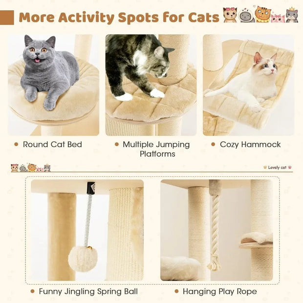 Tall Cat Tree, 67 Inch Multi-Level Modern Large Cat Tower with Top Perch, 3-Story Cat Condo, Hammock, Sisal Scratching Posts