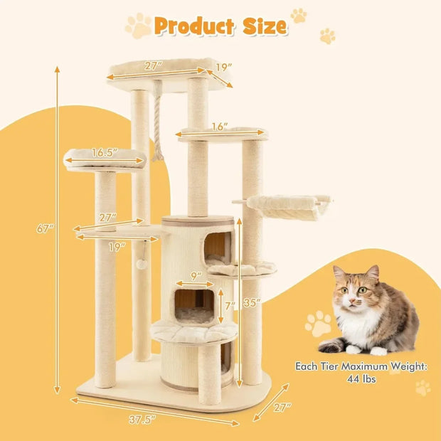 Tall Cat Tree, 67 Inch Multi-Level Modern Large Cat Tower with Top Perch, 3-Story Cat Condo, Hammock, Sisal Scratching Posts