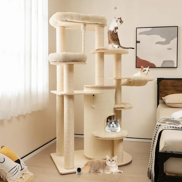 Tall Cat Tree, 67 Inch Multi-Level Modern Large Cat Tower with Top Perch, 3-Story Cat Condo, Hammock, Sisal Scratching Posts