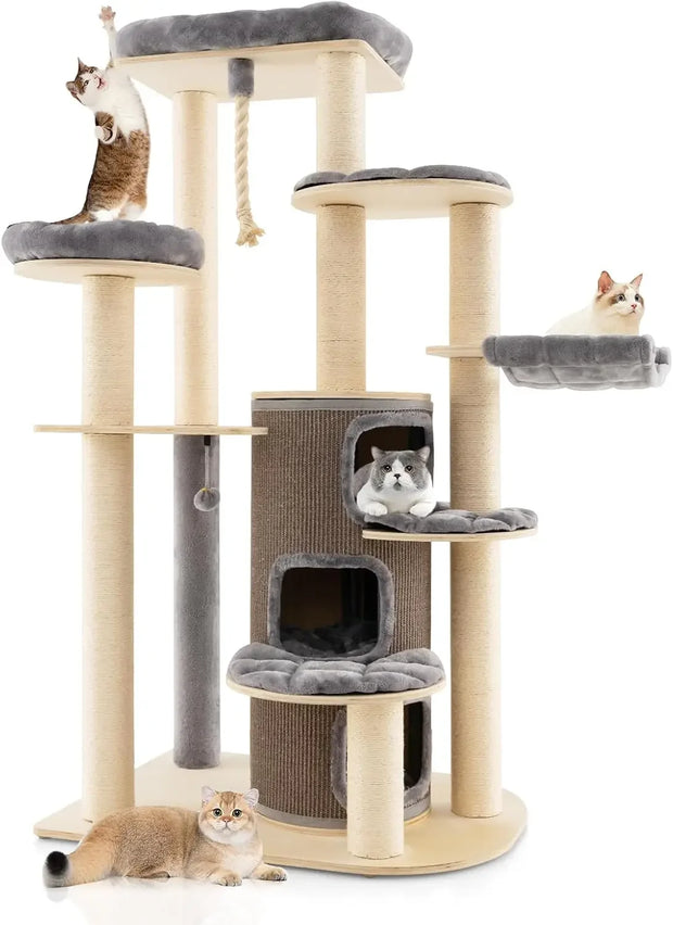 Tall Cat Tree, 67 Inch Multi-Level Modern Large Cat Tower with Top Perch, 3-Story Cat Condo, Hammock, Sisal Scratching Posts