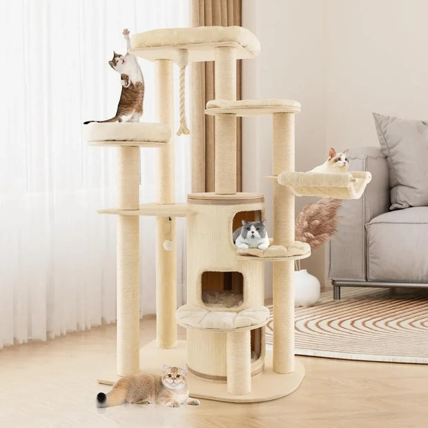 Tall Cat Tree, 67 Inch Multi-Level Modern Large Cat Tower with Top Perch, 3-Story Cat Condo, Hammock, Sisal Scratching Posts