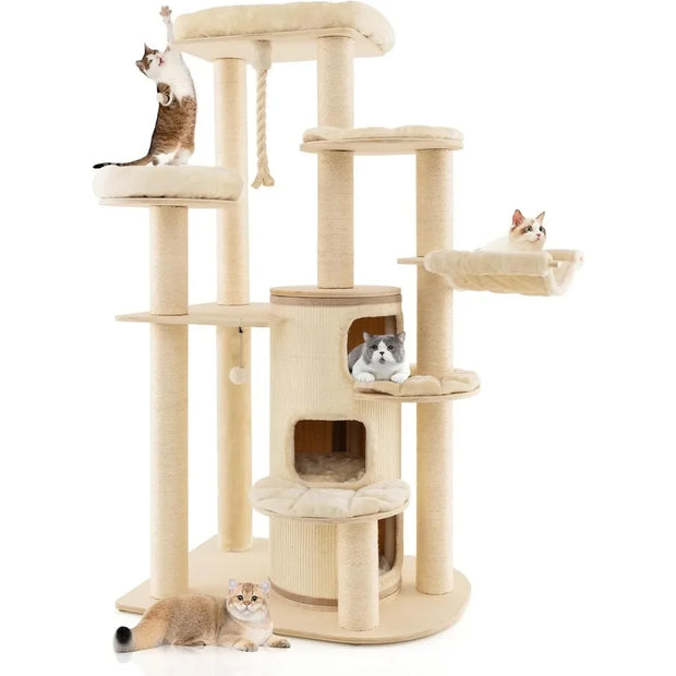 Tall Cat Tree, 67 Inch Multi-Level Modern Large Cat Tower with Top Perch, 3-Story Cat Condo, Hammock, Sisal Scratching Posts